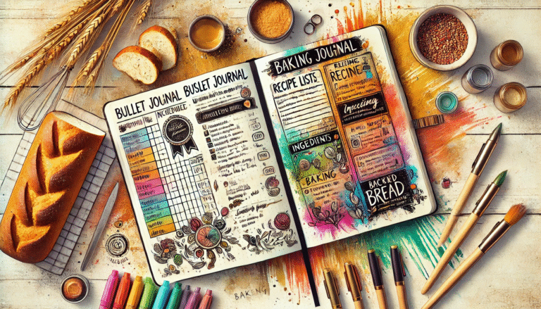 Handwritten bullet journal for baking featuring bread recipes, baking schedule, and ingredient charts, styled with pens and washi tape.