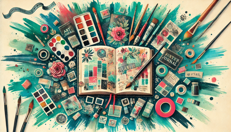 An open art journal surrounded by paintbrushes, watercolour palettes, washi tapes, stickers, stamps, and collage materials in a vibrant mixed media explosion.