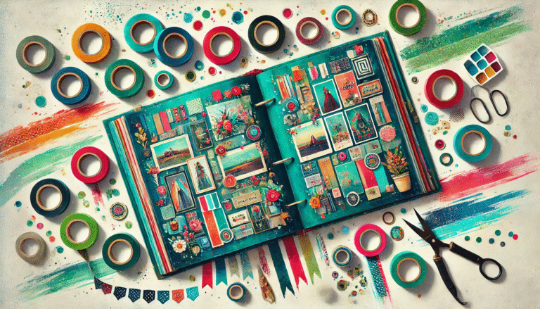 Colorful scrapbook decorated with washi tape, stickers, and handmade embellishments, surrounded by craft supplies such as scissors, tape rolls, and watercolor paints.