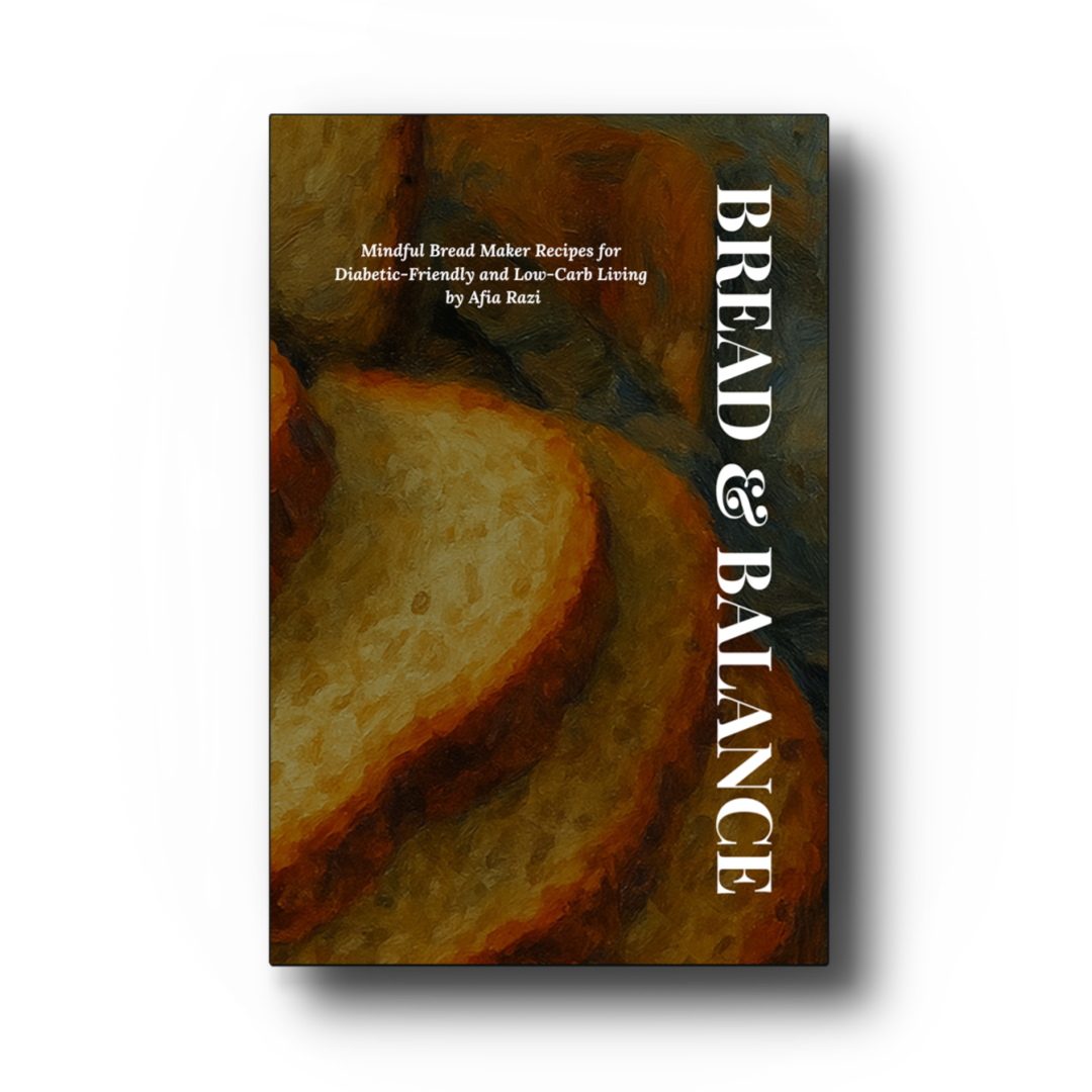 Cover of the cookbook Bread & Balance by Afia Razi, featuring mindful bread maker recipes for diabetic-friendly and low-carb living, with an artistic image of sliced homemade bread.