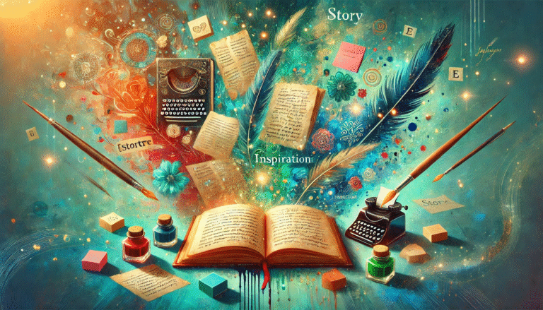 Colorful artistic illustration of an open notebook surrounded by typewriters, ink bottles, feathers, and floating story pages, symbolizing creative writing and inspiration.