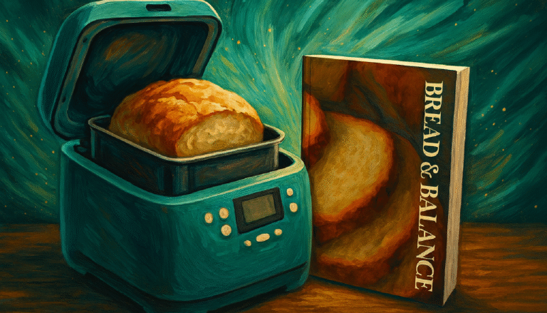 Illustration of a teal bread maker with a fresh loaf inside, placed beside the Bread & Balance recipe book, with teal and gold artistic background.