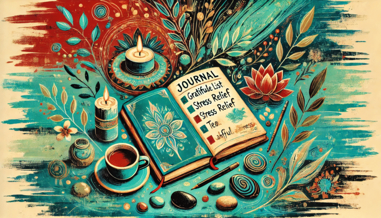 Mindfulness journaling scene with an open journal, gratitude list, tea cup, candles, and calming decorative elements on a teal background
