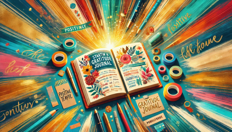 Brushstroke-style digital illustration of an open gratitude journal with colorful abstract strokes, symbolizing mindful journaling and daily gratitude practice.